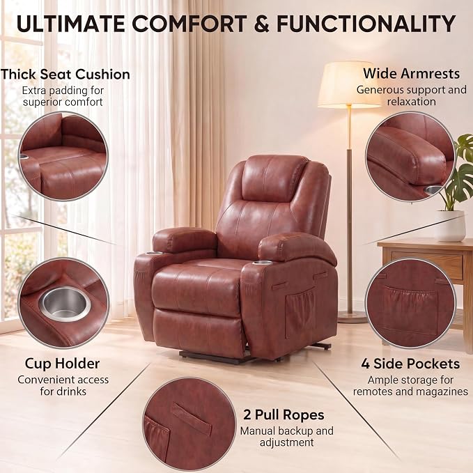 JUMMICO Power Lift Recliner Chair for Elderly with Vibration Massage | Recliner Chair Ergonomic Lift Chair Cup Holder for Living Room (Leathaire, Light Brown)