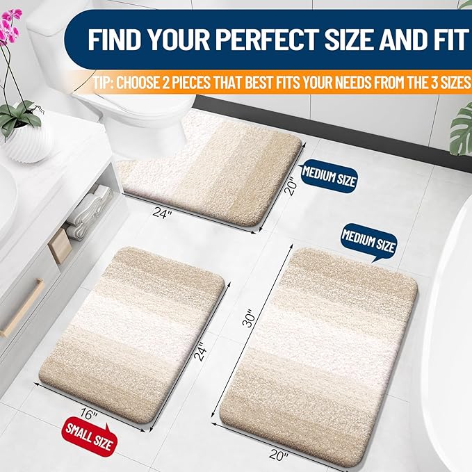 OLANLY Bathroom Rug Set 2 Piece, Soft Absorbent Microfiber Bath Mats and U-Shaped Contour Toilet Rug, Non-Slip, Machine Wash Dry, Plush Shaggy Bath Mats for Bathroom (24"x16"+U24 x20, Light Beige)