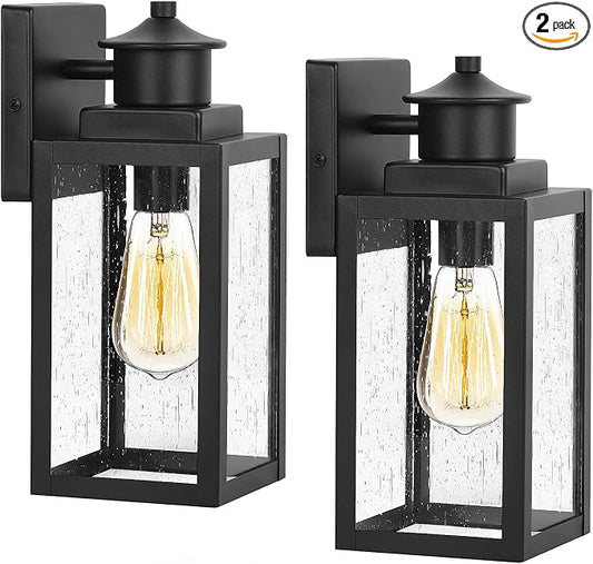 2-Pack Outdoor Wall Lights, Black Porch Light with Seeded Glass | Waterproof, Rust-Resistant, Durable Metal, Easy to Install, Ideal for Front Door, Garage