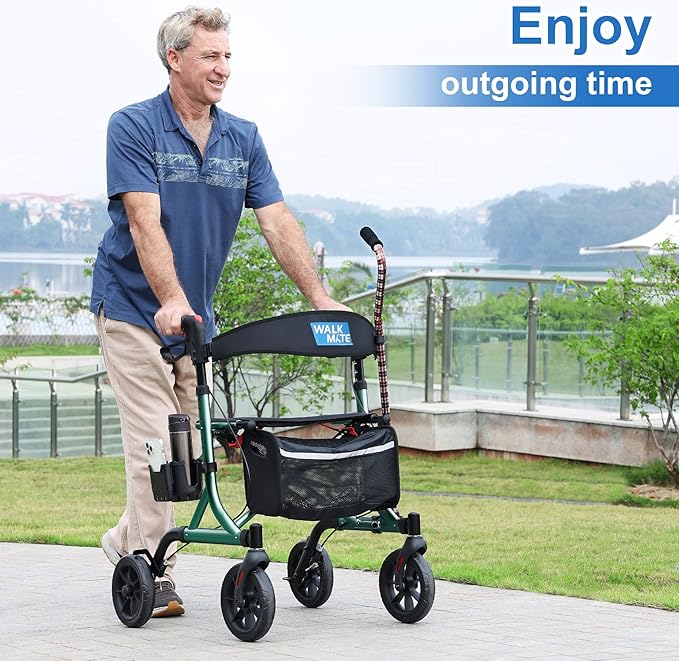 WALK MATE Rollator Walker for Seniors with Cup Holder, Upgraded Thumb Press Button for Height Adjustment, 4 x 8 Wheels Walker with Seat Padded Backrest Folding Lightweight Walking Aid, Green