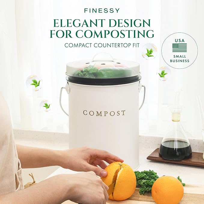 FINESSY Kitchen Compost Bin Countertop White, Indoor Composter 1.3 Gallon | Countertop Compost Bin with Lid Charcoal Filter (2) & Removable Inner Bucket. Dishwasher Safe Composting Bin.