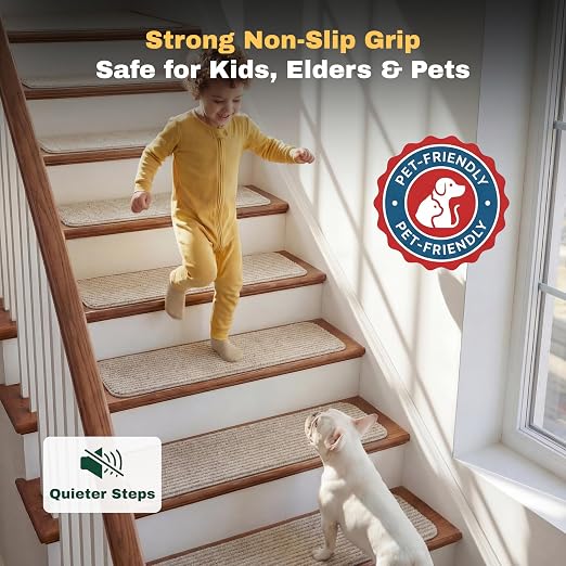MBIGM Carpet Stair Treads for Wooden Steps, 15 Pack, 8" x 30", Cornstalk | Four-layer polyester carpet with PP grid base, nonwoven cushion and TPR adhesive backing adds indoor traction and comfort