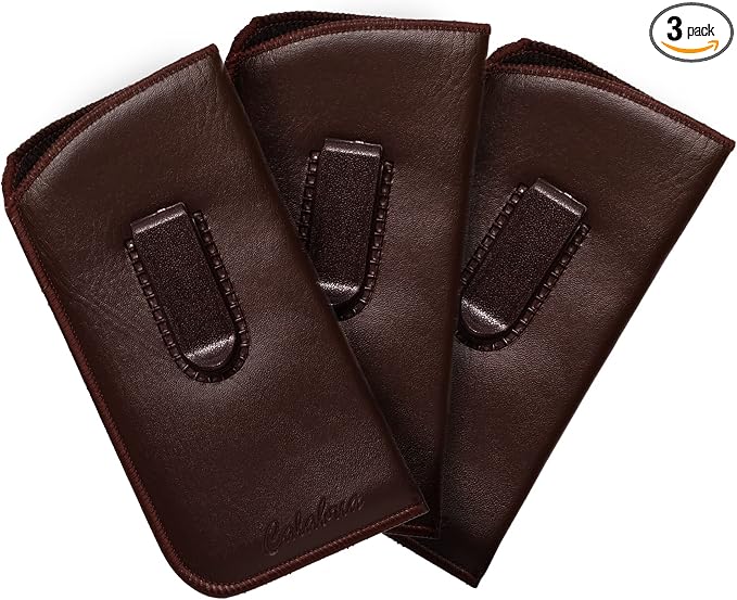 Calabria Slim Faux Leather Eyeglass Case Soft Slip-In Design [Brown - 3 Pack] | Compact Protective Pouch | Soft Case for Glasses | Lightweight Sunglass Storage