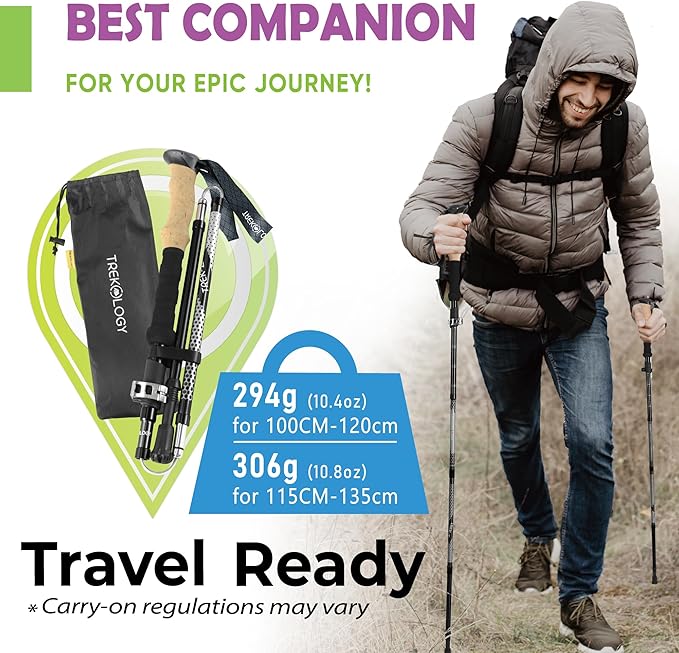 Trekology Trek-Z Collapsible Hiking & Trekking Poles - Balance Support for Seniors, Women, and Men, 2pc Per Set