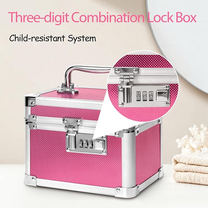 Small Medication Combination Lock Boxes with Code for Personal Items, Medicine Lockbox for Documents - 7.1 x 5.1 x 5.3 Inches Rose