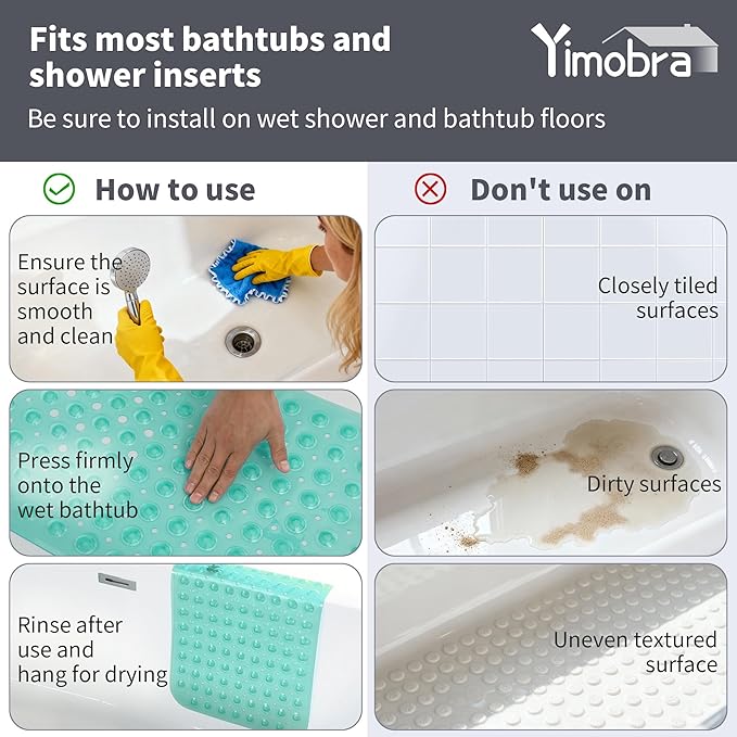 Yimobra Non Slip Bathtub Mat 40 x 16 Inch, Extra Long Shower Mat with Drain Holes, Machine Washable Baby Bath Mats, Strong Suction Cups for Bathroom Floor, Clear Green