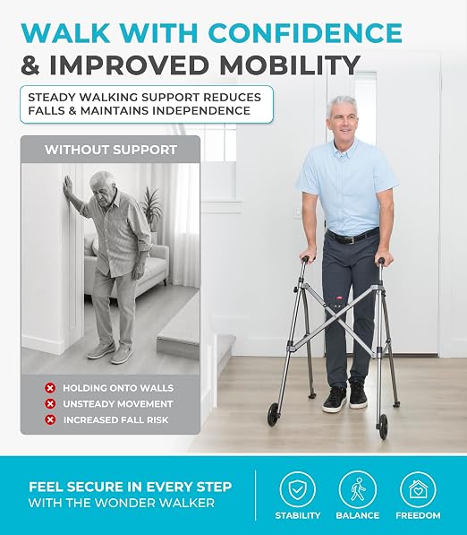 Stander Wonder Walker with 5-inch Wheels, Lightweight Folding Walker for Adults, Seniors, and Elderly, Collapsible Travel Walker, Ski Glides for Mobility Support, Compact, Black Walnut