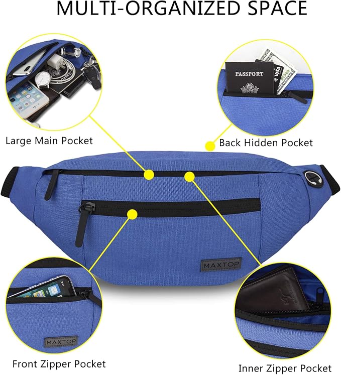 Large Blue Crossbody Fanny Pack for Women Men,Idea Gift for Travel Running | 4-Zipper Pockets,Key Chain,Polyester,Ideal Gifts for Enjoy Sports Traveling Yoga Casual Hands-Free Waist Carrying All Phones