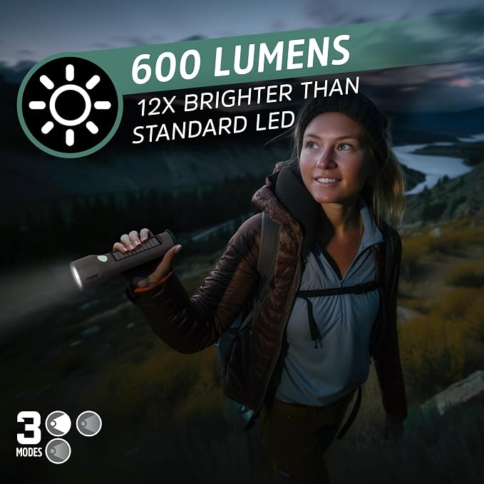 Energizer S-600 LED Flashlight Rechargeable Solar and AA Battery Power Options, Super Bright IPX4 Water Resistant Flashlights High Lumens for Emergencies, Outdoors, DIY