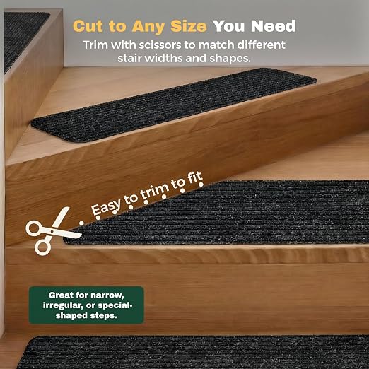MBIGM Carpet Stair Landing Mat, 1 Pack, 2'6" x 2'6", Black | Polyester carpet surface with PP mesh, nonwoven cushioning, and TPR adhesive backing for indoor stair coverage.