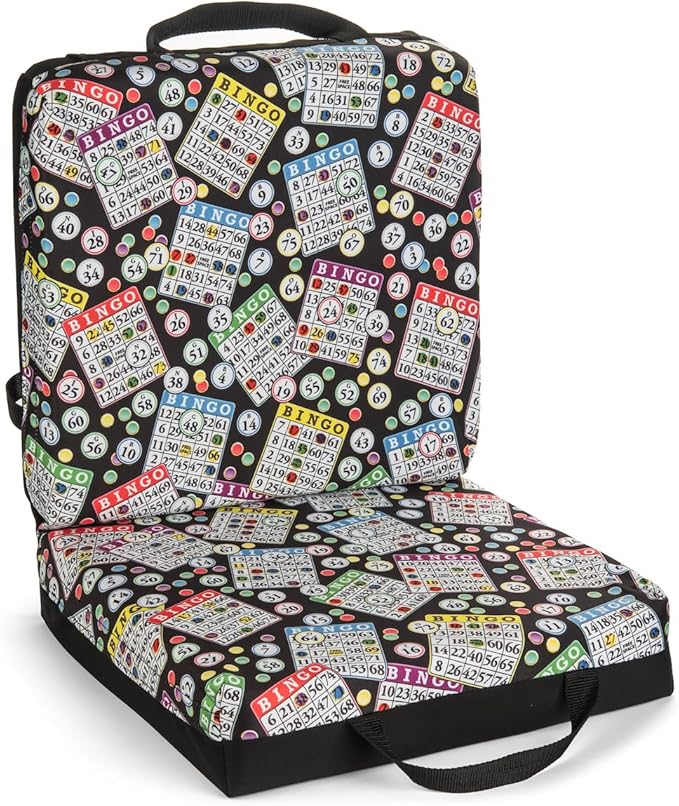 Seat Cushion Classic Bingo Pattern – Extra Thick 3” Bingo Pillow with Strap, Storage Pouch & Handles – Comfortable Folding Chair Cushion for Bingo Nights