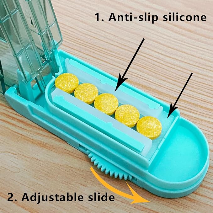 Johnbee Pill Cutter Splitter for Small and Tiny Pills. Adjustable Pill Splitter Accurately Cuts Multiple Pills at Once. Sharp Blade with Safety Guard. Non-Slip Silicone Edge (Lake Blue)
