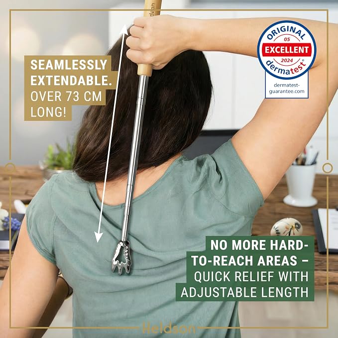Extendable Back Scratcher for Men & Women – Bear Claw, 5 Heads | Dermatest "excellent", extends up to 29 inches, stainless steel with wooden handle, 5 scratching heads, incl. reflex chart