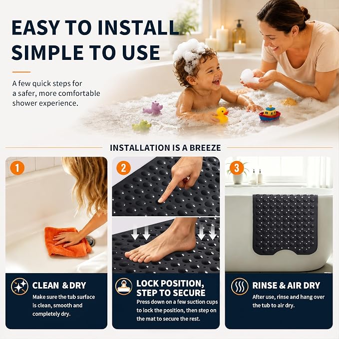 Yimobra Non Slip Bathtub Mat 40 x 16 Inch, Extra Long Shower Mat with Drain Holes, Machine Washable Baby Bath Mats, Strong Suction Cups for Bathroom Floor, Black