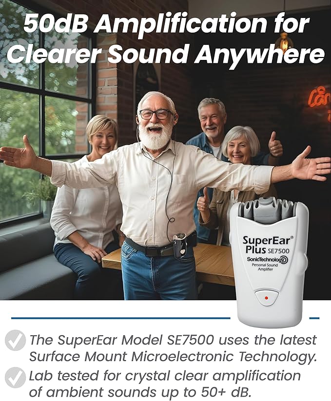 SuperEar Model SE7500 for Seniors - Hearing Amplifiers for Seniors & Elderly, Super Ear Personal Sound Amplifier, Sound Amplifier Listening Device and Audio Accessories in 50dB Ambient Sounds Increase