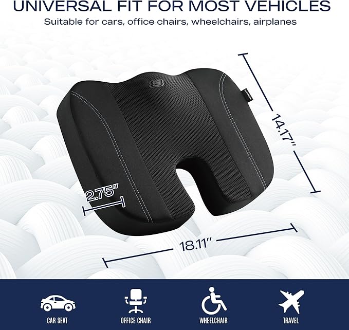 Skechers Seat Cushion, Air Cooled Memory Foam Cushion for Office Chair,Ergonomic Office Desk Accessories for Tailbone Pain Relief,Chair Cushions for Long Sitting Office Workers,Car Drivers,Black