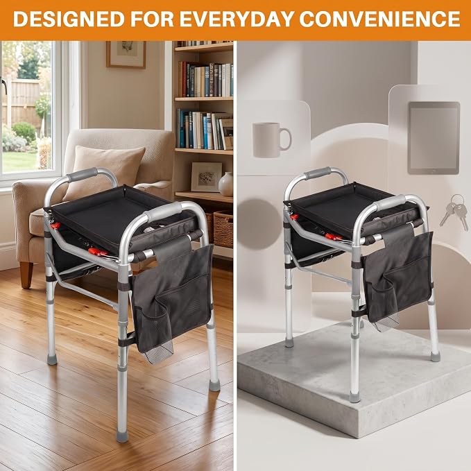 Walker Tray with Cup Holder with 2 Side Pockets, Tray for Folding Walkers, Food Tray, Walker Accessories, Tray Table for Standard Adult Walkers
