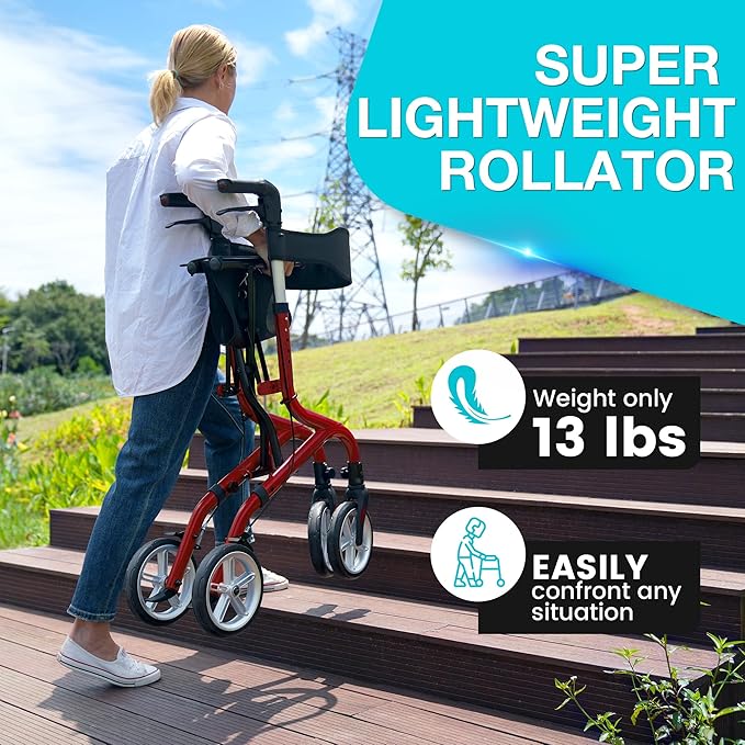PLANET WALK Super Lightweight Rollator Walker for Seniors, Foldable Rolling Walker with Seat and 8" Rubber Wheels for All Terrain, Unique Design Aluminium Frame Sturdy Walkers for Traveling - Red