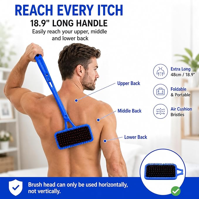 Back Scratcher Extendable Blue Folding Handle for Men Women | Long reach folding handle with soft bristles for back shoulders legs and everyday personal care use at home or travel