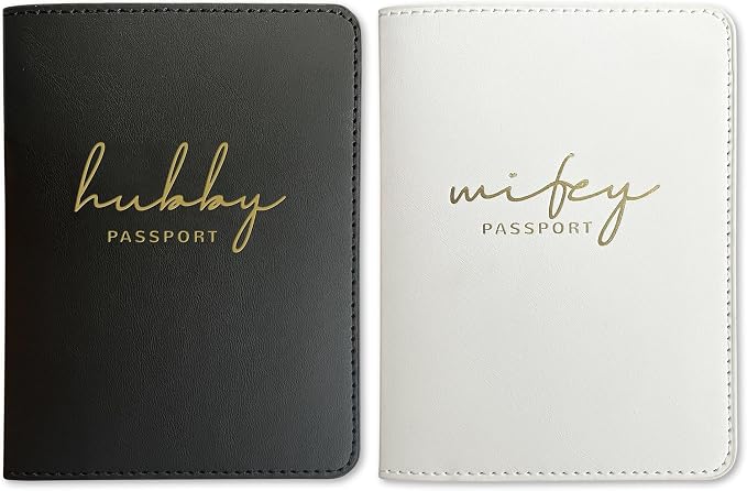 HubbyWifeyGifts Matching Passport Holder for Hubby and Wifey, PU Leather Passport Cover with RFID Blocking, Honeymoon Essentials for Travel, Engagement Gifts for Couples