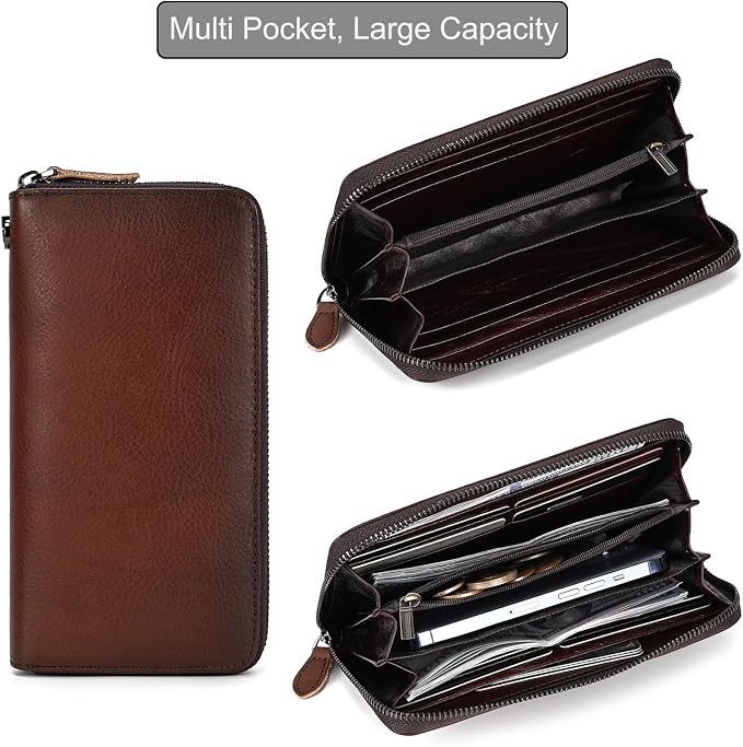 Genuine Leather Long Wallet for Men, Large Capacity Purse Clutch Bag Handbag Checkbook Cash Credit Cards Phone Holder | Large Capacity