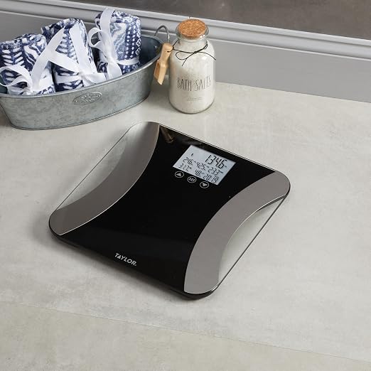 Taylor Digital Glass Body Composition Scale, Bathroom Scale for Body Weight, Measures Body Fat, Body Water, and Muscle Mass, Athlete Mode, 8-User Recognition, 500 lb Capacity, Black