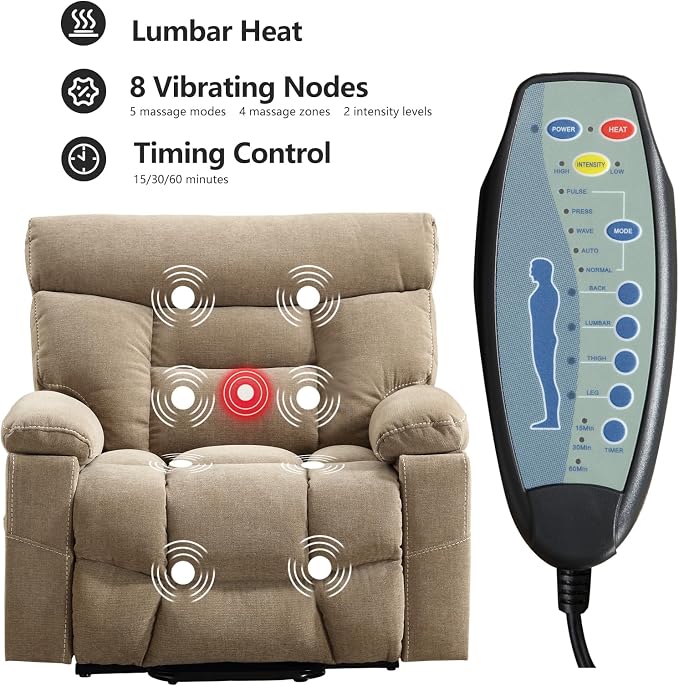 Dual Motor Power Lift Recliner Chair for Elderly, 27" Extra-Wide Seat 450 lbs Weight Capacity Infinite Position Adjustment, with Heated Massage, Cup Holders and USB Port, Camel Fabric