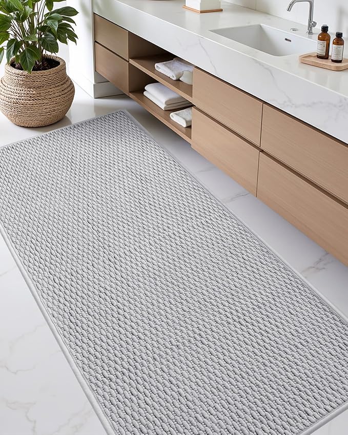 Color&Geometry Bathroom Rugs with Rubber Backing, Non Slip Machine Washable Bath Mat, Soft Absorbent Chenille Boho Carpet for Bathroom Floor, Tub and Shower,17"x47", Light Grey