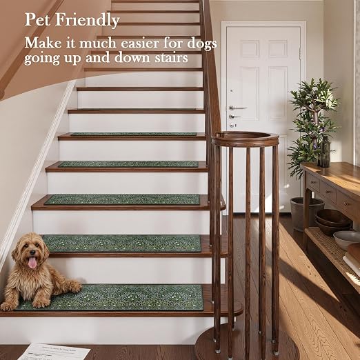 OJIA Stair Treads Non-Slip Stair Runners for Wooden Steps Indoor 4PC 30"x8" | Floral Carpet Stair Treads Stair Mats Staircase Step Treads for Kids, Elders and Dogs, Stair Covers, Green
