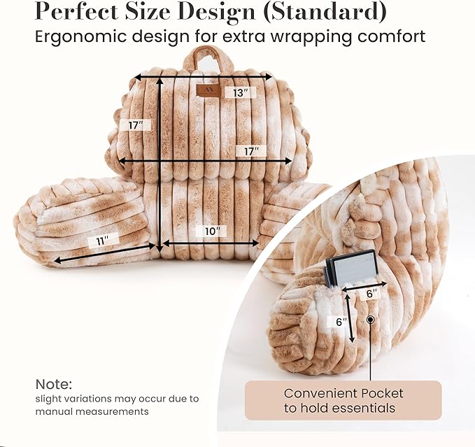 Amélie Home Faux Fur Reading Pillow with Pocket for Sitting in Bed, Kids Backrest Bed Pillow with Washable Cover for Lounging, Study & Relaxing, Tie-dye Khaki 17 inches