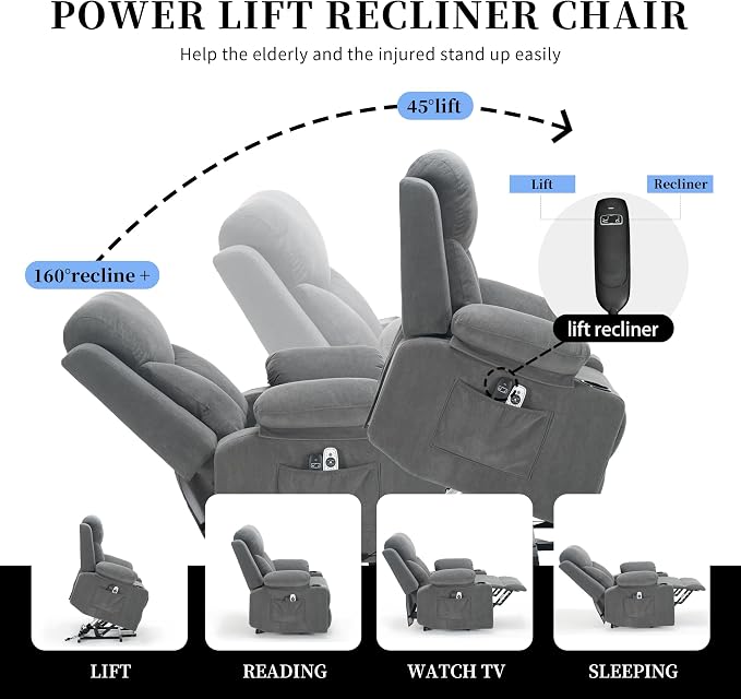 Power Lift Recliner Chair for Elderly with Massage, Electric Lift Chair with Remote, Cup Holders,USB & Type-C Ports for Living Room, L9913 (Dark Grey)