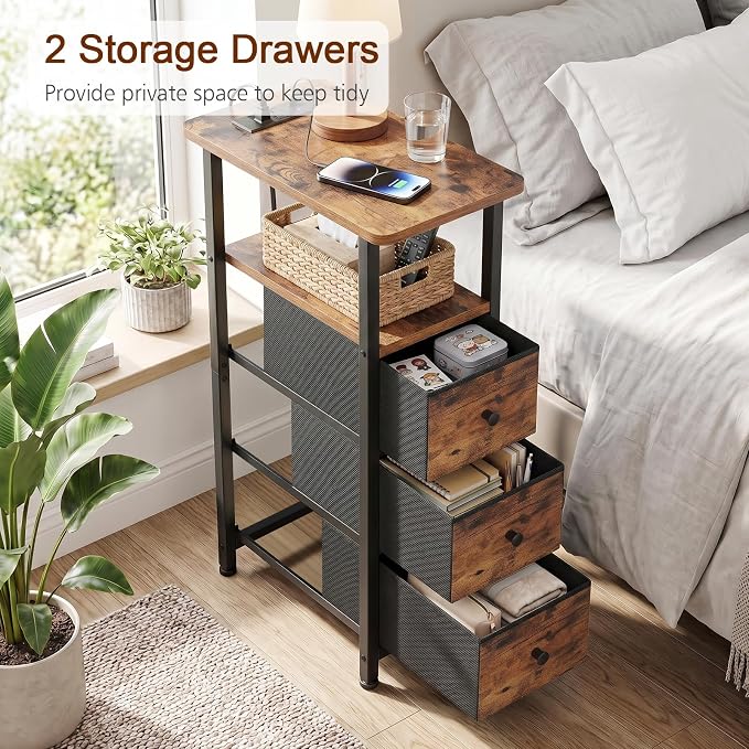 Narrow End Table with Charging Station, Small Nightstand | Skinny Side Tables Living Room with 3 Fabric Drawers, Slim Bedside Table for Bedroom, Small Spaces, Couch, Rustic Brown
