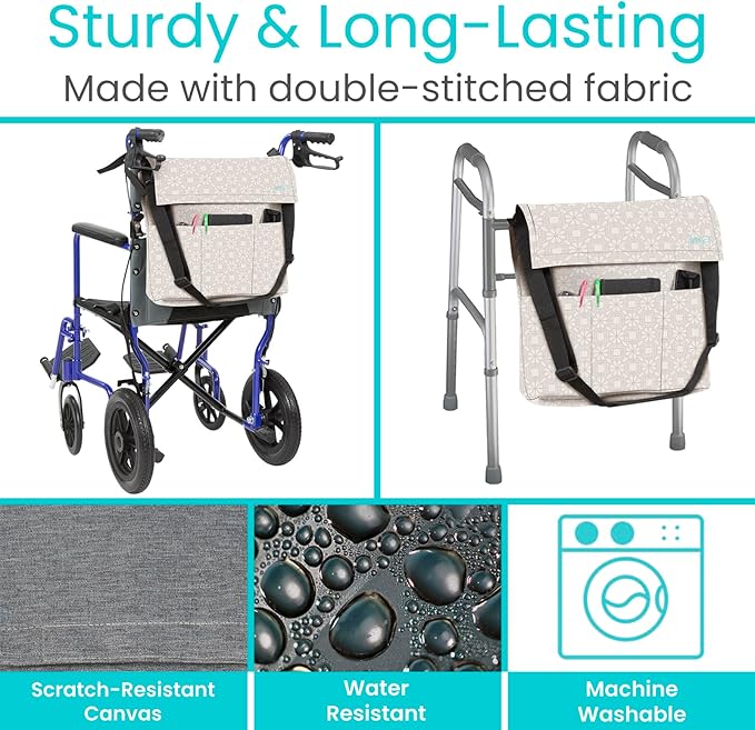 Vive XL Wheelchair Accessories Bag - Waterproof, Scratch-Resistant, Double-Stitched, Machine Washable for Adults, Seniors, 15 Colors - Storage Walker Backpack to Hang on Back
