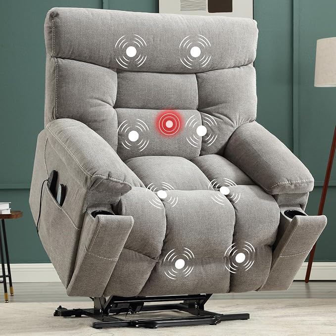 Dual Motor Power Lift Recliner Chair for Elderly, 27" Extra-Wide Seat 450 lbs Weight Capacity Infinite Position Adjustment, with Heated Massage, Cup Holders and USB Port, Grey Fabric