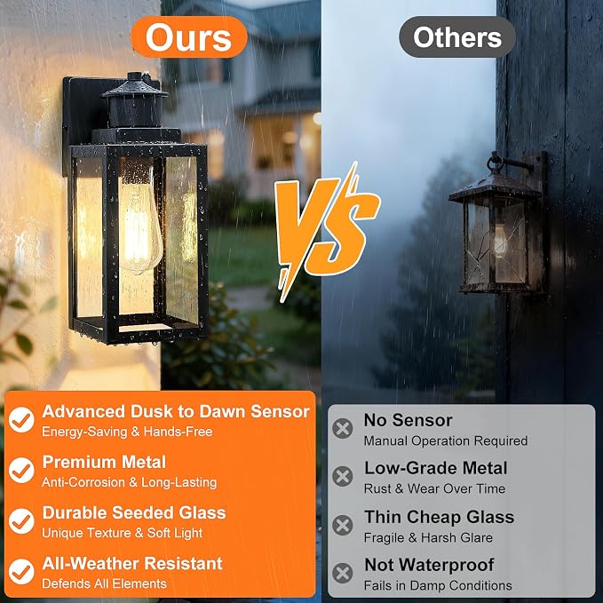 2-Pack Dusk to Dawn Outdoor Wall Lights, Black Modern Porch Lights | Auto ON/OFF, Waterproof, Rust-Resistant, Durable Metal & Seeded Glass, Easy to Install, Ideal for Front Door, Garage