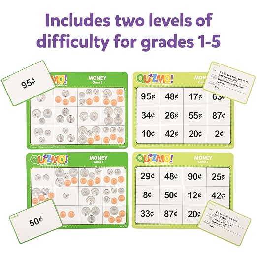 QUIZMO Money | Bingo-Style Money Game | 2 Levels of Difficulty for Ages 7-12 | Teach Basic Coin Recognition and Valuation