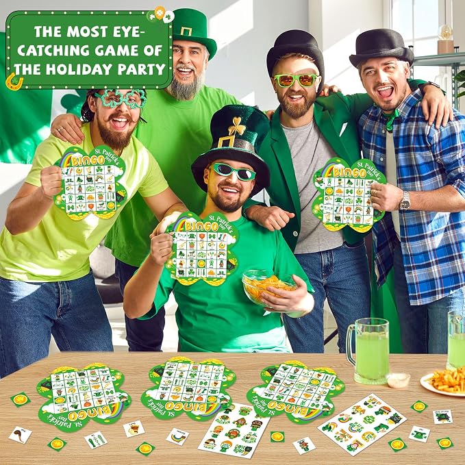 39Pcs St. Patrick’s Day Bingo Game for Adults Kids 24 Players Shamrock Shape Bingo Game Cards with Reward Stickers for Family Friend Large Group Activities St. Patrick’s Day Spring Party Favor