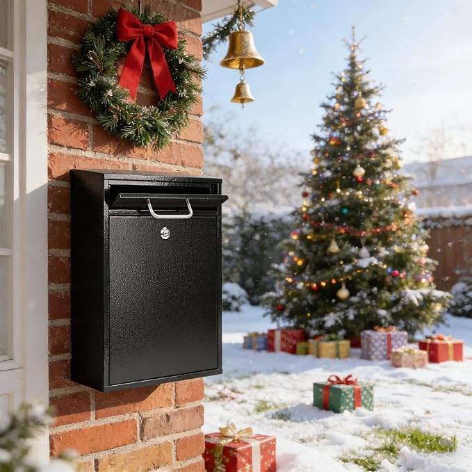 KYODOLED Steel Key Lock Mail Boxes Outdoor, Locking Wall Mount Mailbox, Security Lock Drop Box, Collection Boxes for Home, Office or Commercial,16.2H x 11.2L x 4.6W Inches, Black X Large