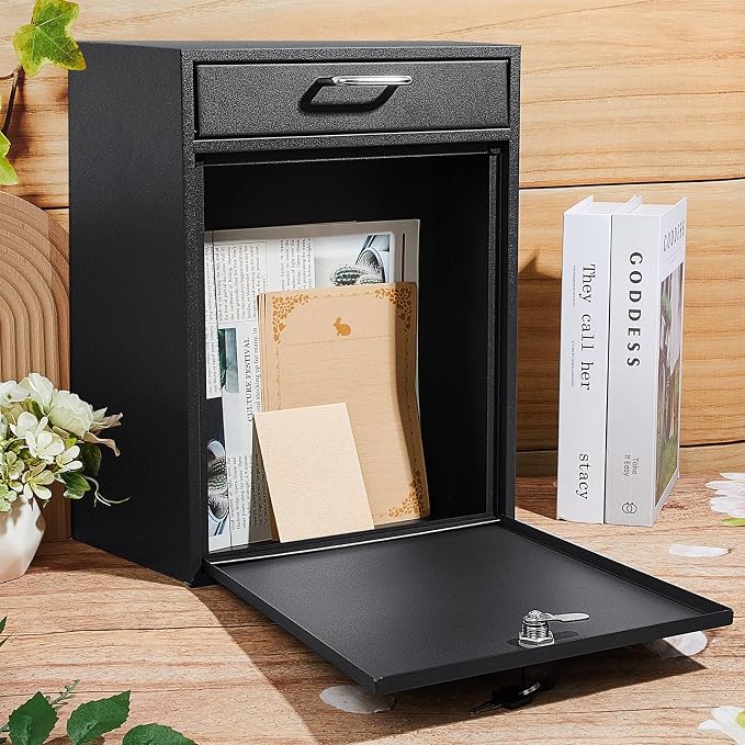 Yaocom Locking Mailbox with Key for Outdoor 18 x 15 x 7 Inches Large Wall Mount Mail Box with Lock Security Mail Drop Metal Collection Boxes Hanging Secure Postbox(Black)