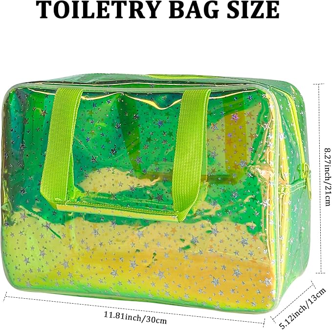 Holographic green Clear Star Large Cosmetic Bag and TPU Travel Pouch with Handle,Durable Material,Zipper Design-Ideal for Makeup,Travel Essentials (Holographic green+stars)