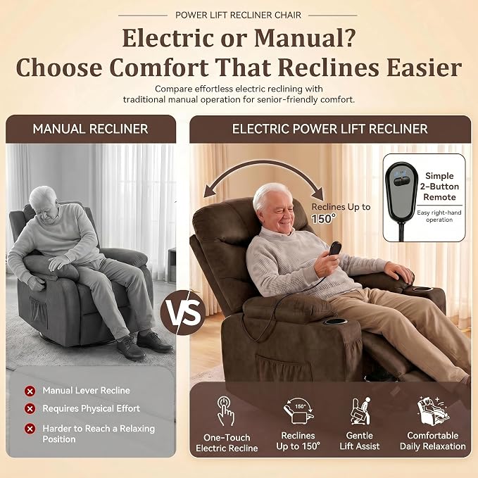 Electric Power Lift Recliner Chair for Elderly, Lift Recliner Chair with Massage and Lumbar Heat, 150° Reclining Chair with Cup Holders, Side Pockets and Remote Control, Ideal for Living Room (Brown)
