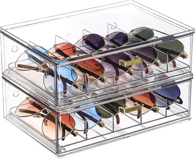 LALOBLUE Clear Acrylic Sunglasses Organizer, Stackable Eyeglass Storage Case with Gold Handles, Glasses Display Holder