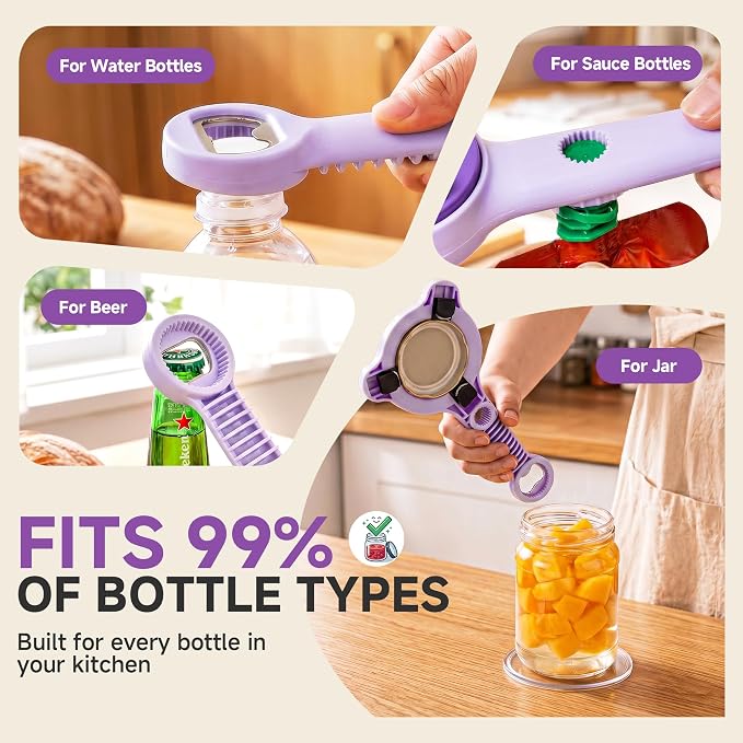 2026 Upgraded 4-in-1 Jar Opener - Adjustable Stainless Steel Lid Remover for Seniors & Arthritis Sufferers, Fits Kitchen Jars, Bottles & Cans Purple