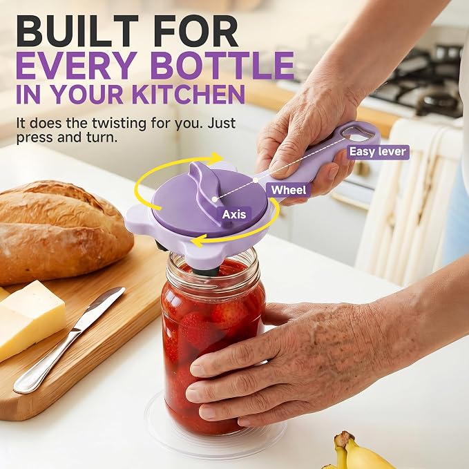 2026 Upgraded 4-in-1 Jar Opener - Adjustable Stainless Steel Lid Remover for Seniors & Arthritis Sufferers, Fits Kitchen Jars, Bottles & Cans Purple