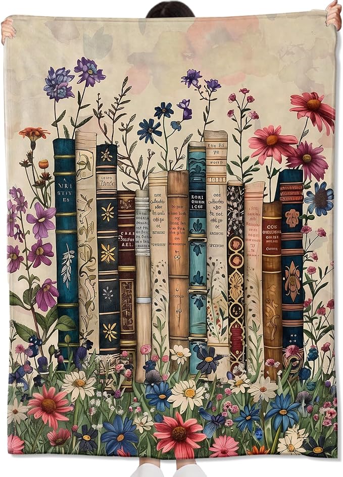 Vintage Book Blanket Gifts for Kids Girls Women,Retro Readers and Floral Throw Blankets,Soft Comfy Lightweight for Room Couch Bed Modern Reading Decor,Literary Lover 60x50in