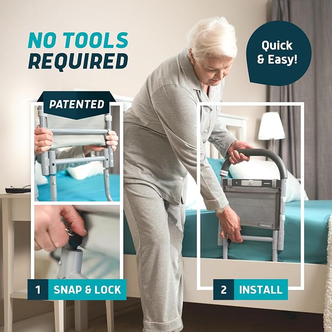 Lunderg Bed Assist Rail for Seniors - with Motion Light & Storage Pocket | Easy to Install Bed Rails for Elderly Adults Safety & Post-Surgery - Helps Reduce Falls & Support Independence