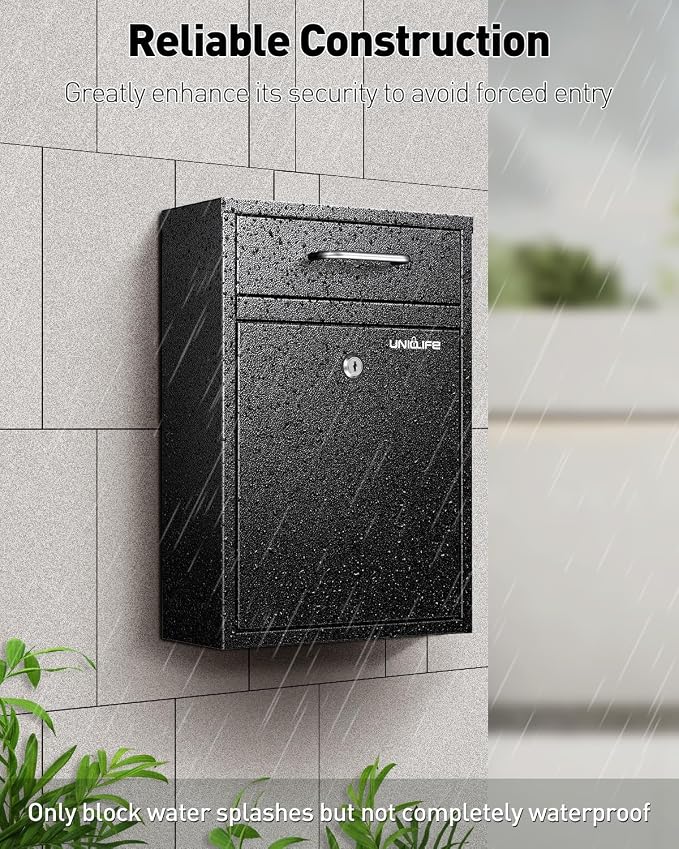Uniclife Wall Mount Mailbox for Outside, Locking Mailbox with Key Lock | Anti-Theft Function, Heavy Duty, Large Mailbox with Key Lock, Safe Key Drop Box, Steel Cash Drop Box for Home Office, Black