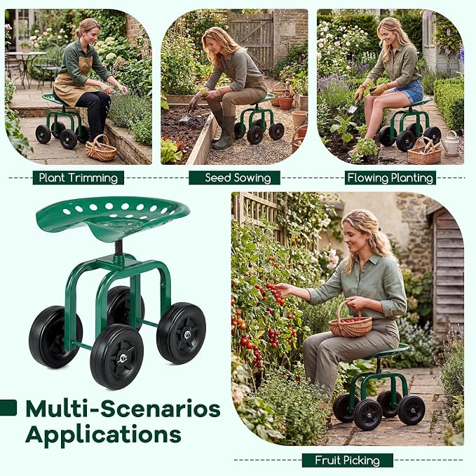 Goplus Garden Cart with Wheels, Utility Stool Cart w/Adjustable 360 Degree Swivel Seat, Outdoor Lawn Yard Rolling Work Seat, Garden Scooter for Planting (Green)