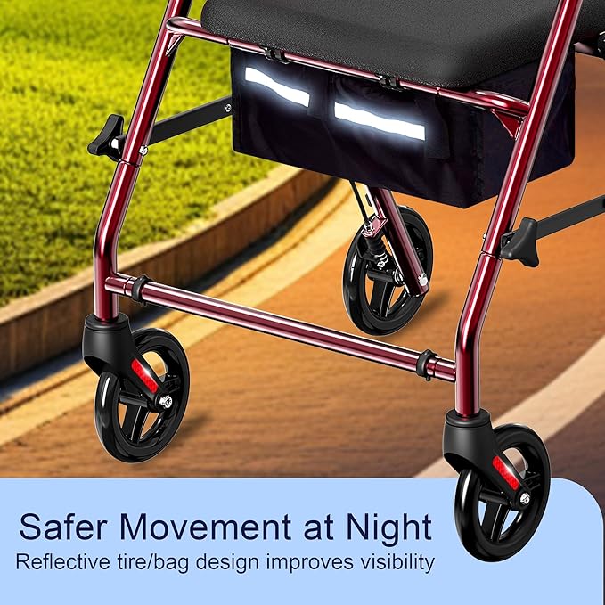 Foldable Rollator Walker with Seat for Seniors, All-Terrain Wheels, 350lb Capacity, Reinforced Inner Metal Rod for Easy Folding & One-Hand Carry, Lightweight Rolling Walker - Red