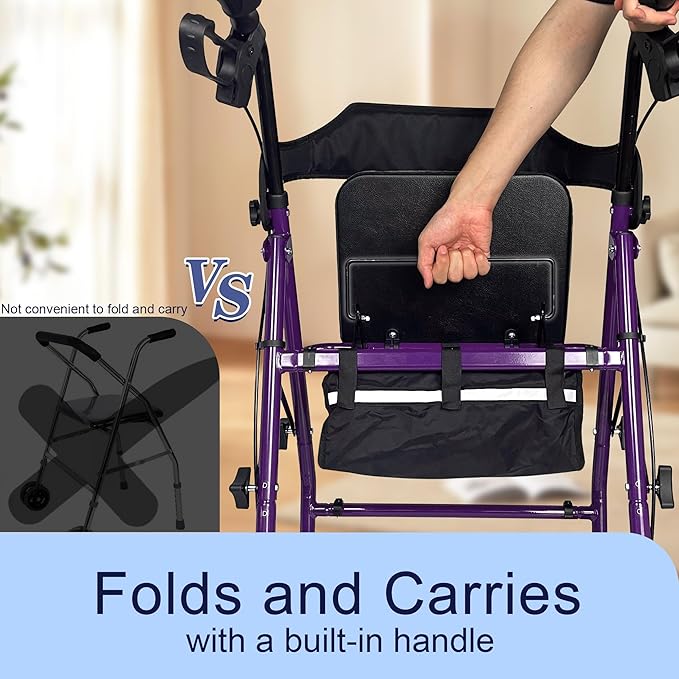 Foldable Rollator Walker with Seat for Seniors, All-Terrain Wheels, 350lb Capacity, Reinforced Inner Metal Rod for Easy Folding & One-Hand Carry, Lightweight Rolling Walker - Purple